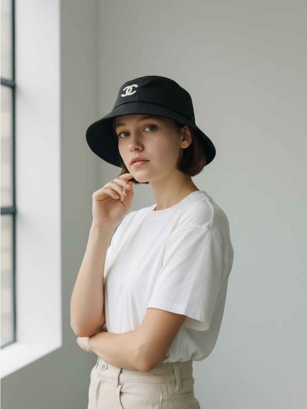 Black Bucket Hat with White CC Emblem